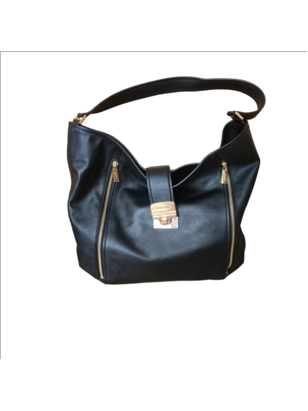 Women's Michael Kors Addie Large Leather Hobo Shoulder Bag Black Gold Hardware
